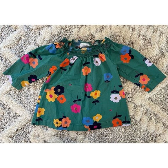 Hanna Andersson Top Smock Neck 3/4 Sleeve Floral Ladybug Green Girls Kids Size 4 - Picture 2 of 9